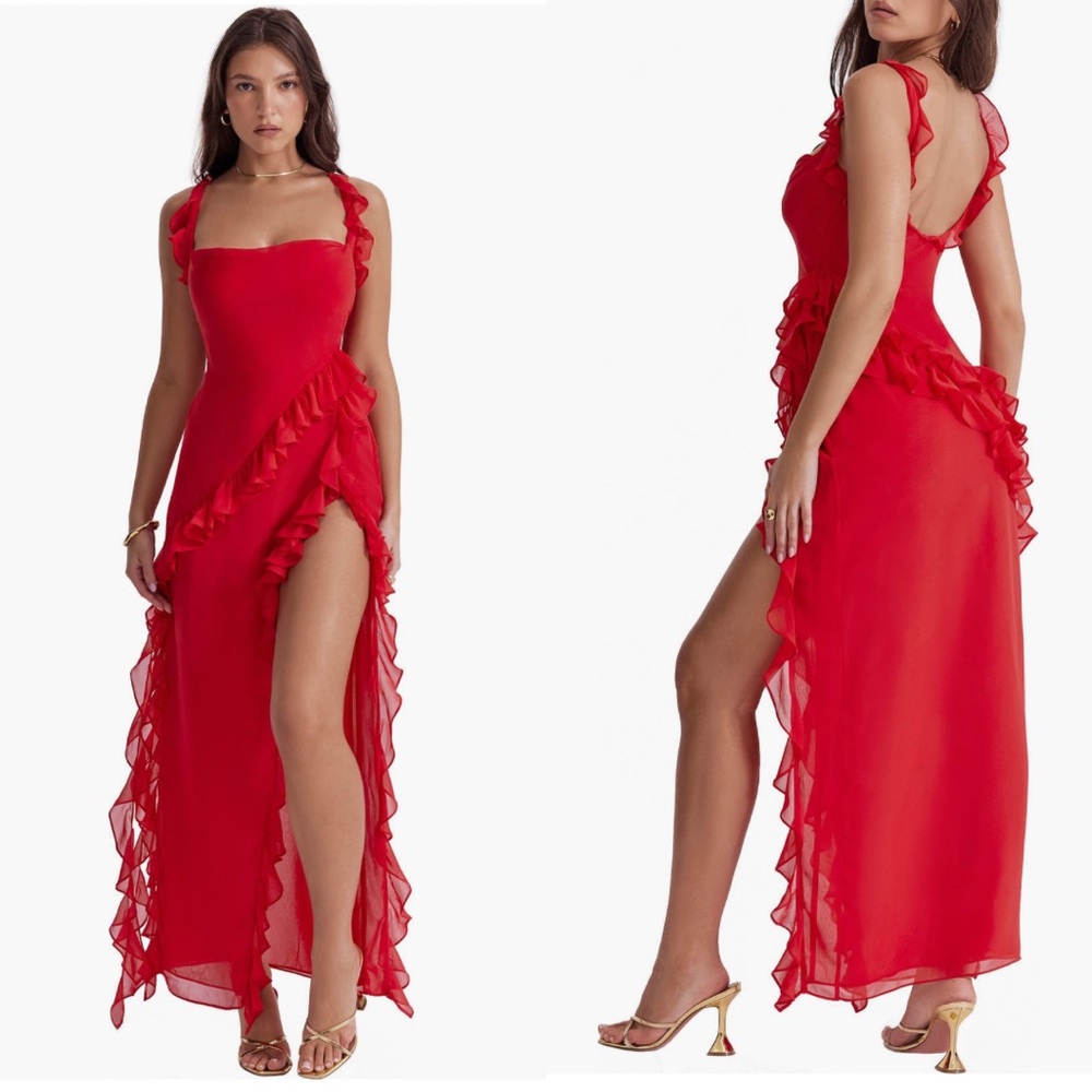 House of CB Ariela Ruffle Side Slit Gown | X-Small | Red